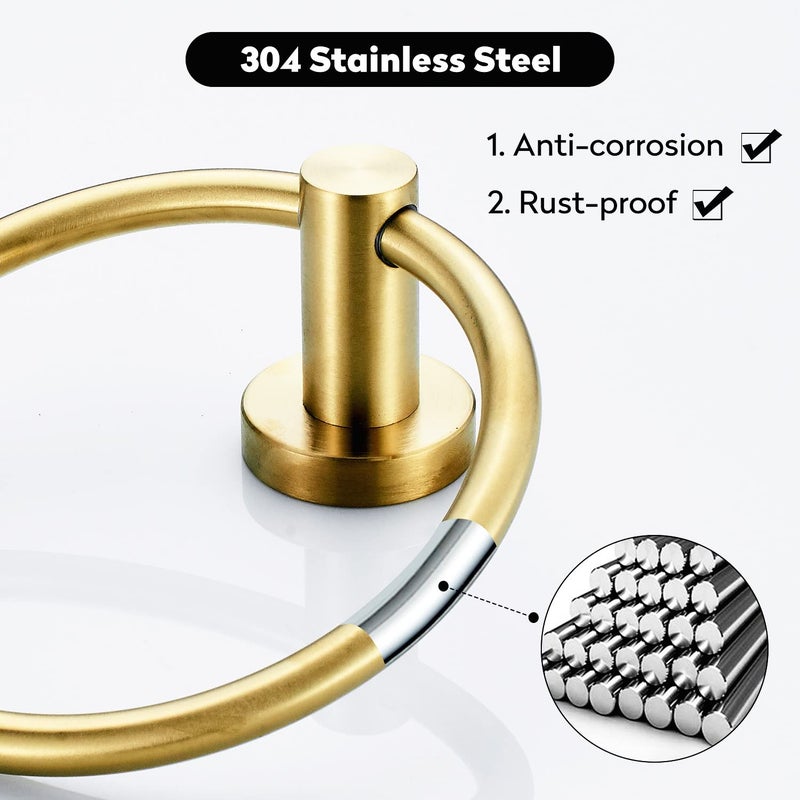BATHSIR Brushed Gold Toilet Paper Holder & Hand Towel Holder Wall Mount 2 Pieces, Single Post Pivoting Round Modern Bathroom Hardware Towel Ring Toilet Tissue Holder, Bathroom Accessories Set - Image 5